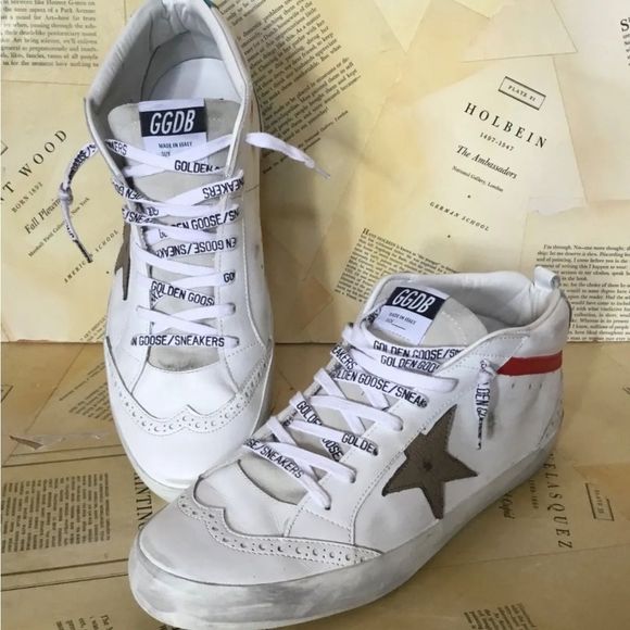 Golden Goose Mid Star White Leather Khaki Star Blue Red Logo Lace - Picture 5 of 9